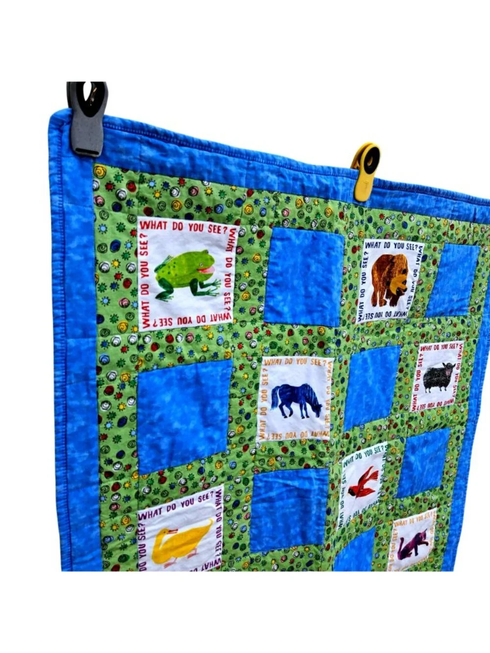 Vintage 90s Brown Bear What Do You See Baby Quilt Blue Green Cotton 39x32" Carle - Picture 9 of 12